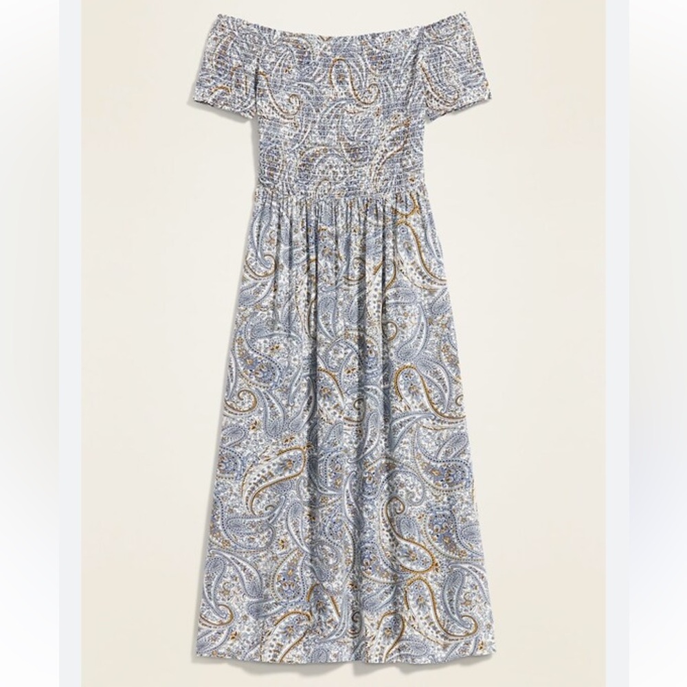 Smocked Off-the-Shoulder Fit &
Flare Midi Dress